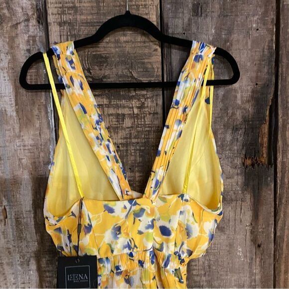 NWT Mac Duggal Ieena Yellow Crossed Halter Tie Waist Jumpsuit floral print Sz 6 - Picture 14 of 15